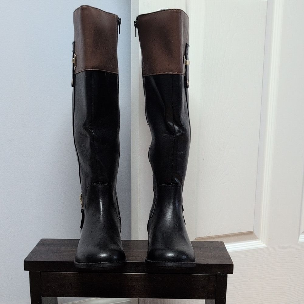 Karen Scott Eden Two Tone Black/Brown Fabric Lined Low Block Riding Boots Sz 8.5 - Picture 2 of 7